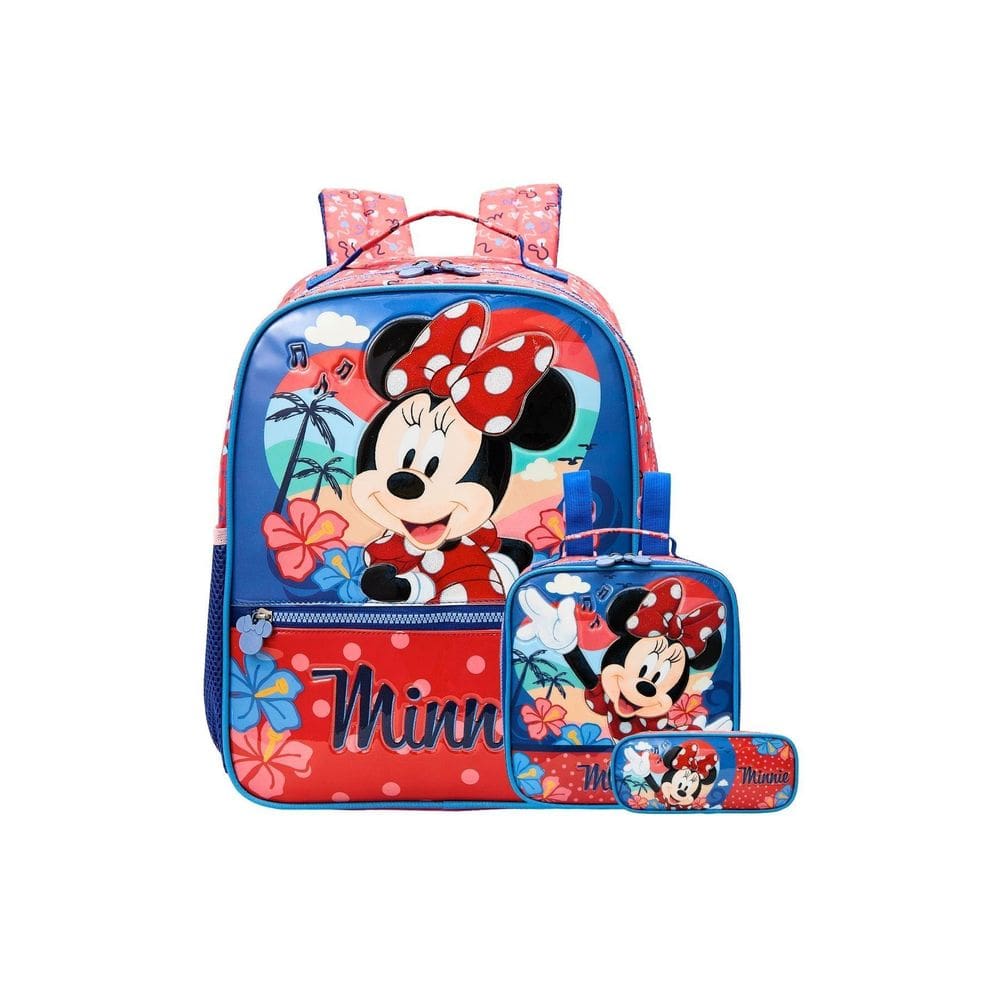 Kit Escolar Minnie Mochila Costas G+Lancheira+Estojo Triplo