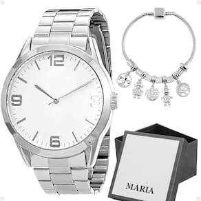 Relogio Feminino Aço Inox Prata + Caixa + Pulseira Pandora