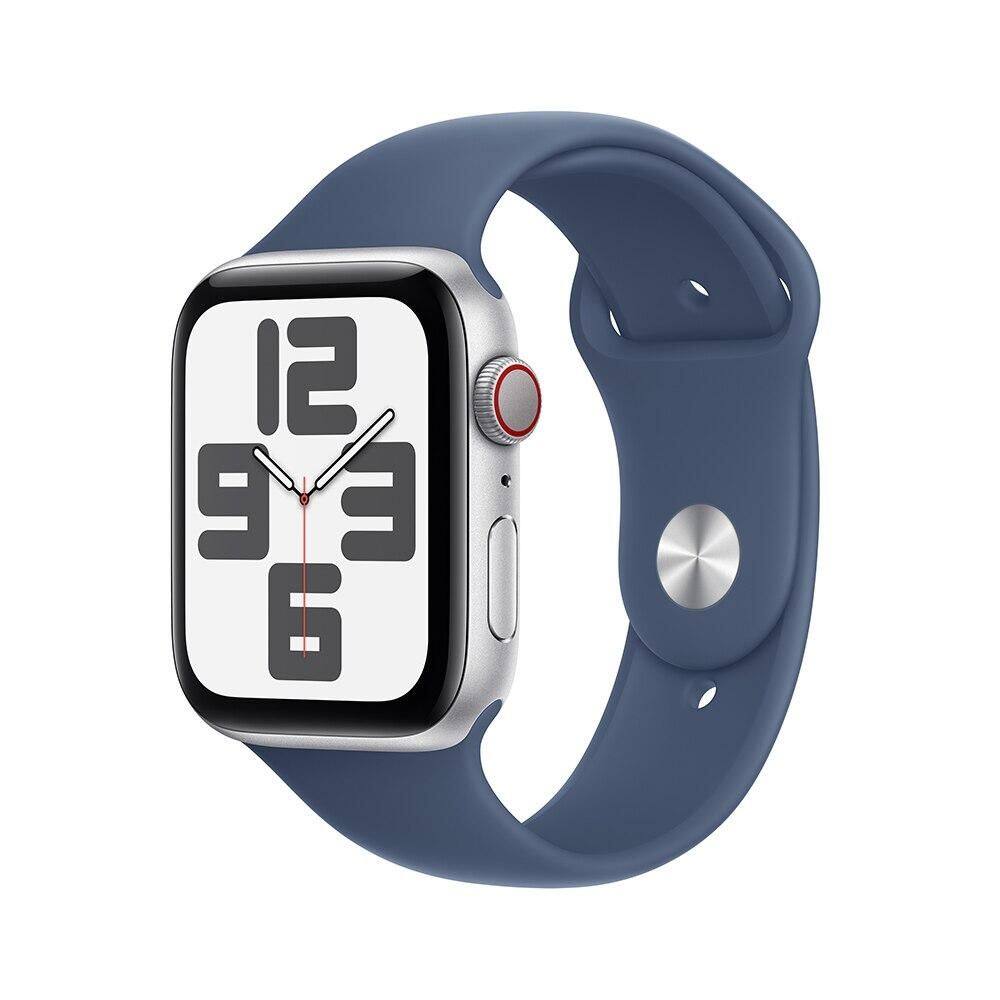 Apple Watch SE GPS + Cellular • Caixa prateada de alumínio – 44 mm • Pulseira esportiva denim – M/G