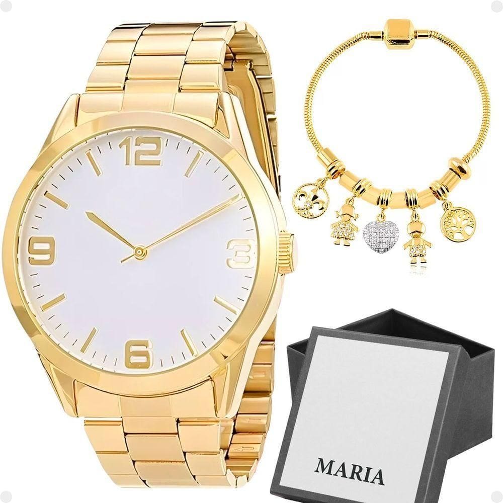 Relogio Feminino Banhado Aço Inox + Pulseira Pandora + Caixa