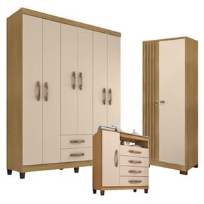 Guarda Roupa Casal Modena com 6 Portas com Cômoda Sapateira Cannes e Armário Multiuso Versatile Carvalho Americano Off White - Incorplac