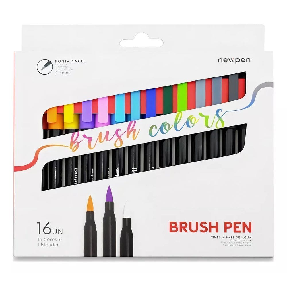 CANETAS PONTA PINCEL BRUSH PEN NEWPEN PONTA 2-4 mm KIT 16 CORES COM BLENDER