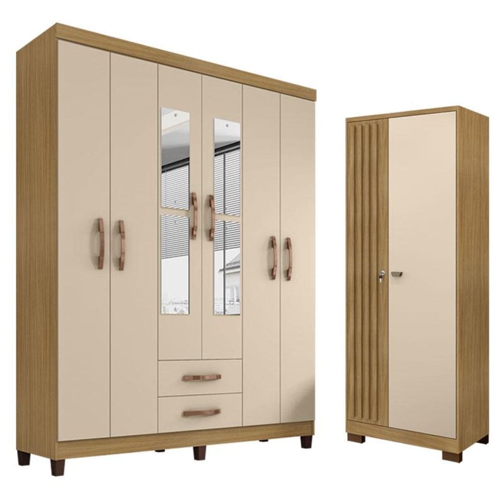 Guarda Roupa Casal Modena com Espelho 6 Portas e Armário Multiuso Versatile Carvalho Americano Off White – Incorplac