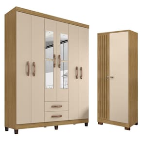 Guarda Roupa Casal Modena com Espelho 6 Portas e Armário Multiuso Versatile Carvalho Americano Off White – Incorplac