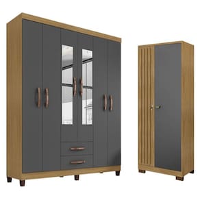 Guarda Roupa Casal Modena com Espelho 6 Portas e Armário Multiuso Versatile Carvalho Americano Grafite – Incorplac