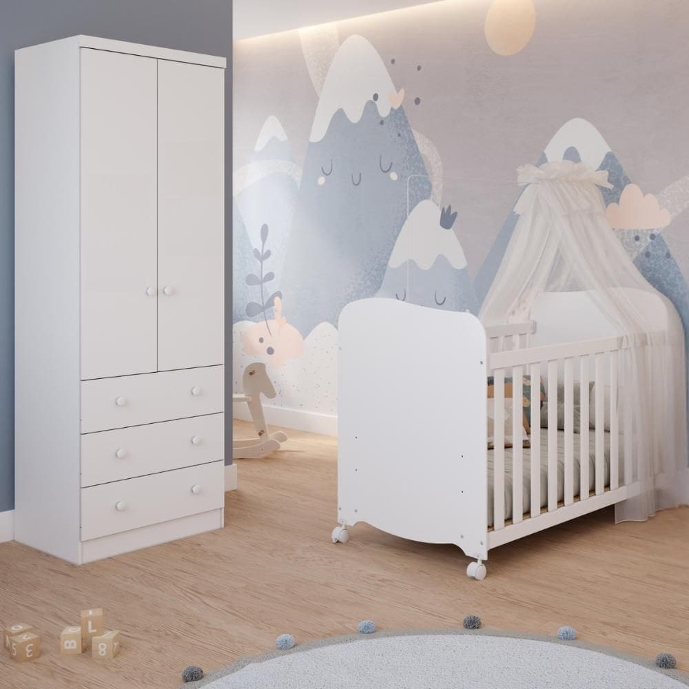 Quarto de Bebê Completo Berço Americano Uli Guarda Roupa Smin 2 Portas 3 Gavetas 100% MDF