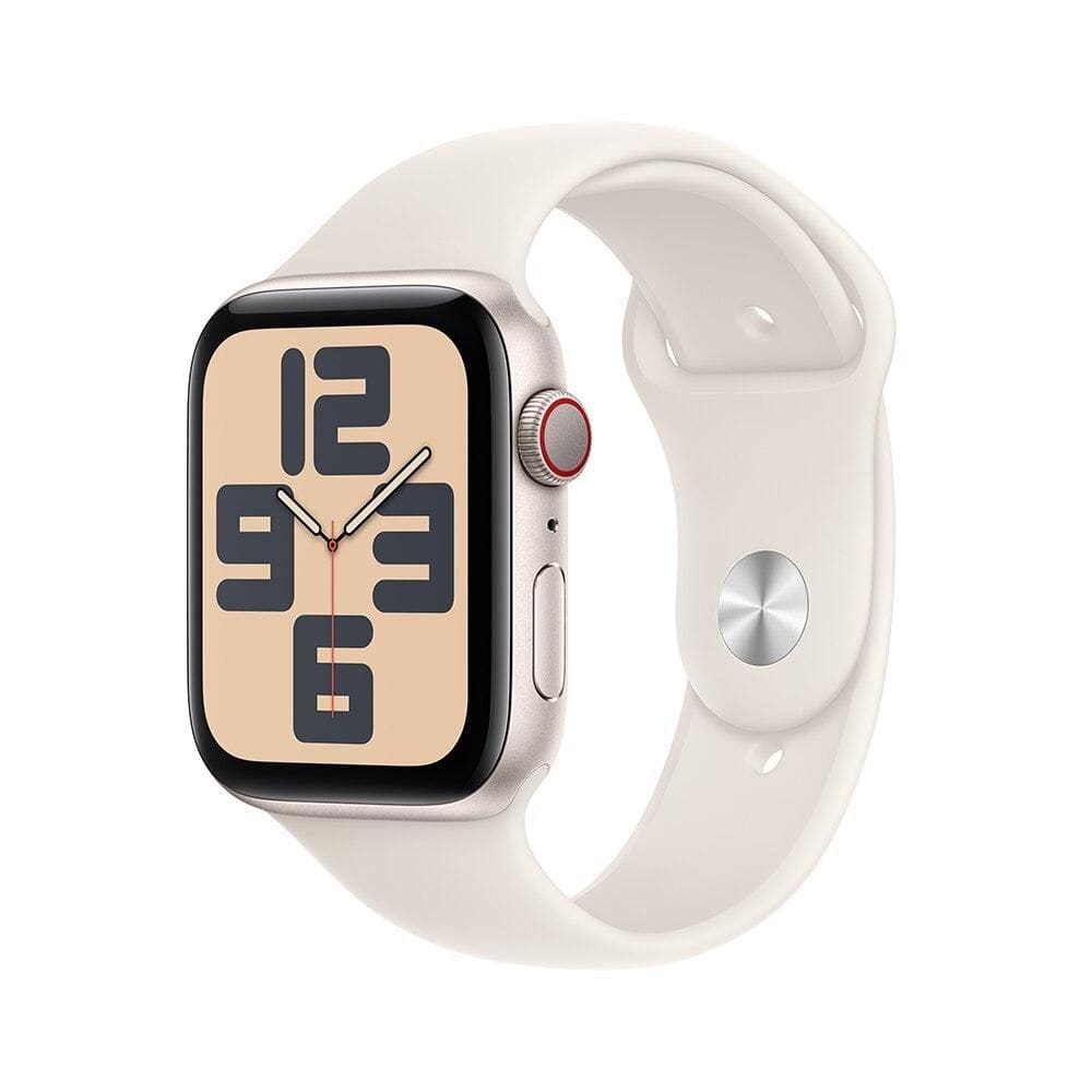Apple Watch SE GPS + Cellular • Caixa estelar de alumínio – 44 mm • Pulseira esportiva estelar – M/G