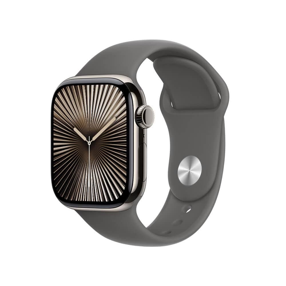Apple Watch Series 10 GPS + Cellular • Caixa natural de titânio – 42 mm • Pulseira esportiva cinza-pedra – M/G