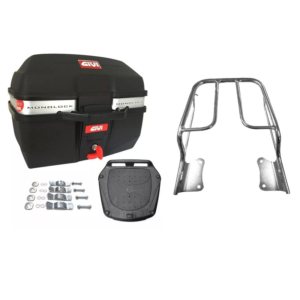 Kit Baú Moto 27 Givi Traffic E-27M + Bagageiro Ybr Factor 2009 Ate 2016 1º Linha Projetil
