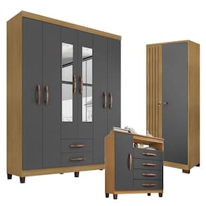 Guarda Roupa Casal Modena  com Espelho 6 Portas e Cômoda Sapateira Cannes Armário Multiuso Versatile Carvalho Americano Grafite – Incorplac