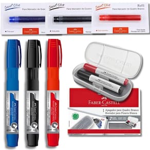 Kit 3 Marcadores Quadro Branco Recarregável + Refil + Apagador Faber-castell Azul, Preto E Vermelho