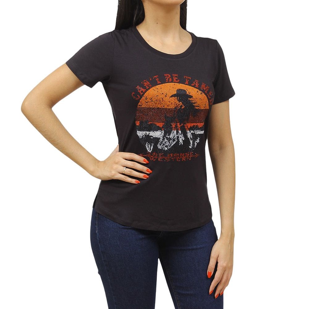 T-Shirt Feminina com Strass Preta Zoe Horse 37552