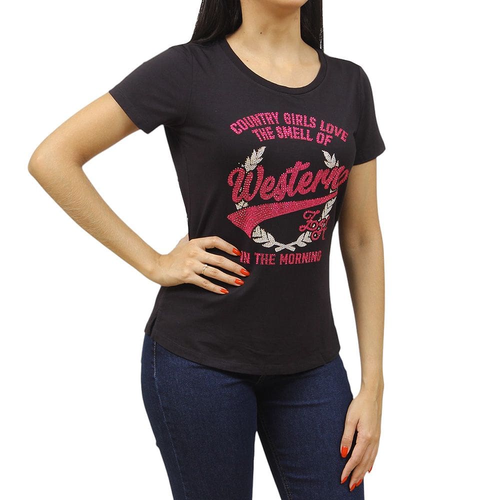 T-Shirt Feminina com Strass Preta Zoe Horse 37550
