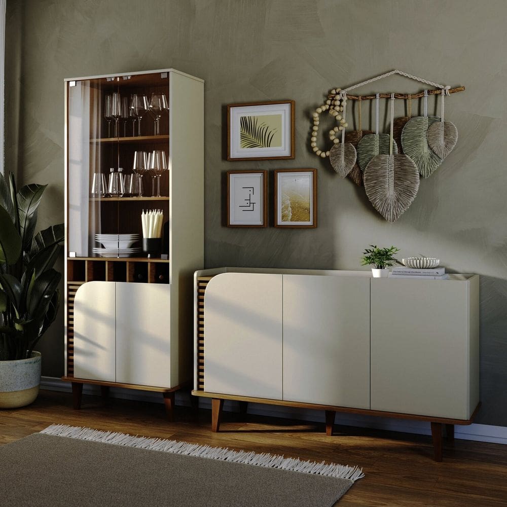 Conjunto Cristaleira 2 Portas de Vidro Jurerê e Buffet para Sala de Jantar 3 Portas Jurerê Off White Matte/Freijó