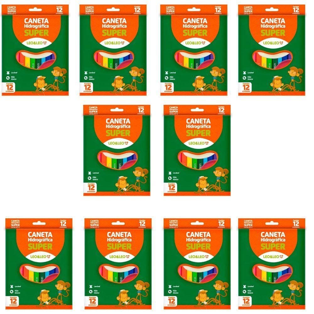 Kit 10 Canetas Hidrográfica Escolar Super Leonora Com 12 Cores Volta As Aulas