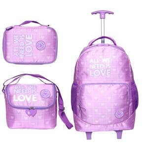 Kit Mochila De Rodinha Bolsa Estojo Lancheira Coração -Lilás