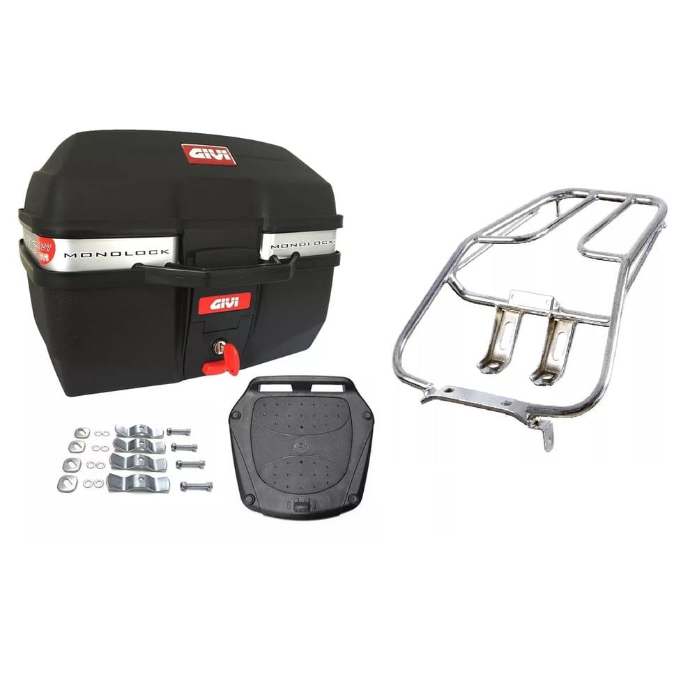 KIT BAÚ MOTO 27 GIVI TRAFFIC E-27M + BAGAGEIRO Honda Titan 2000 2002 2004 2005 2006 2007 2008 Fan PROJETIL