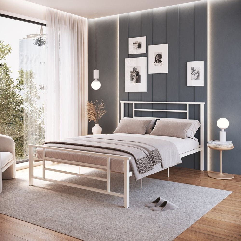 Cama Queen em Ferro Emy Design Moderno Branco