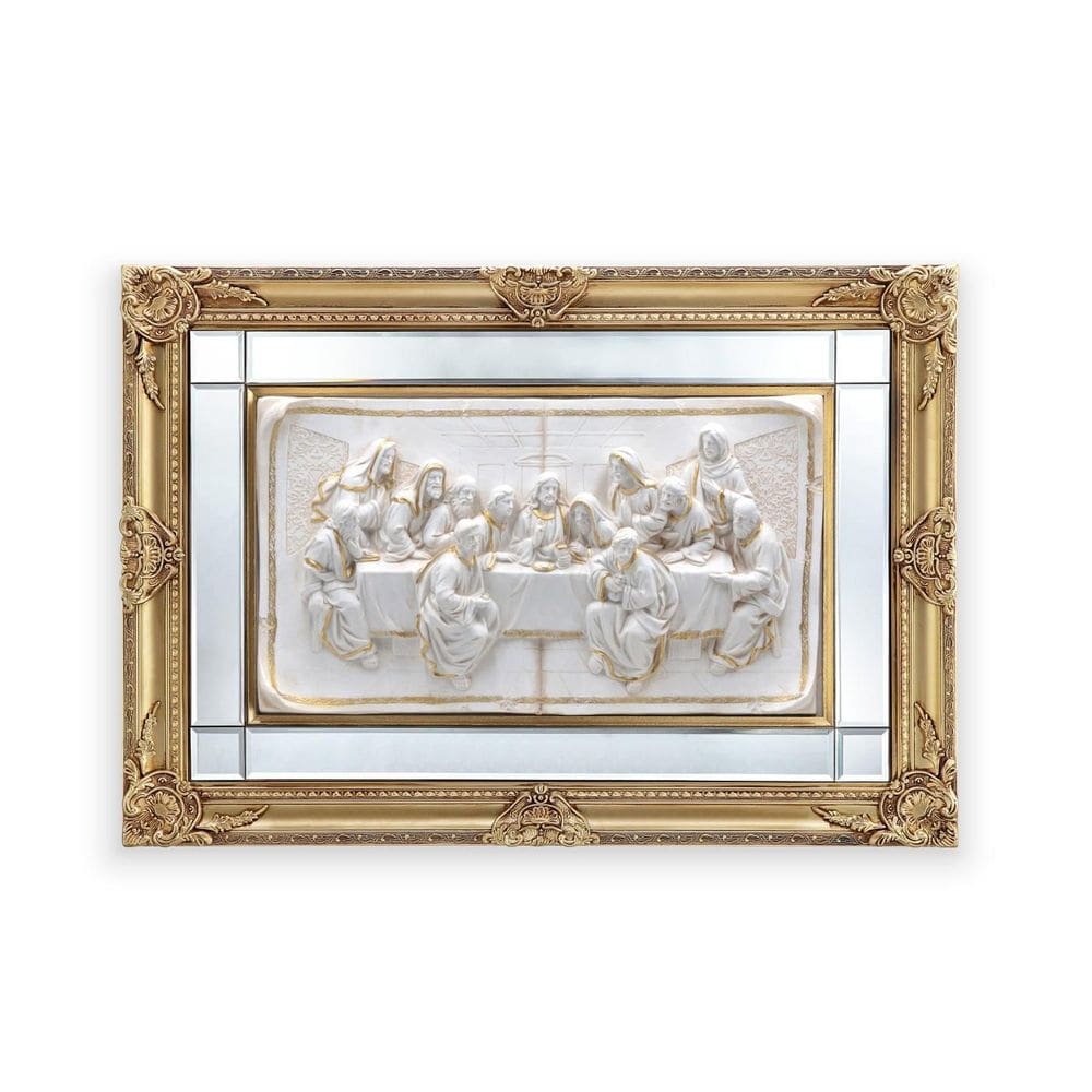 Quadro Santa Ceia Páscoa Com Espelho Marfim E Dourada 93Cm