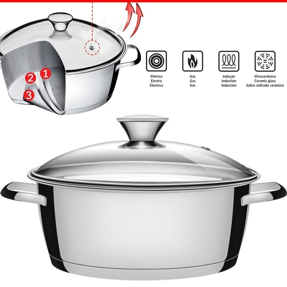 Caçarola Inox Avulsa Fundo Triplo Vidro 22cm 3,3l Tramontina