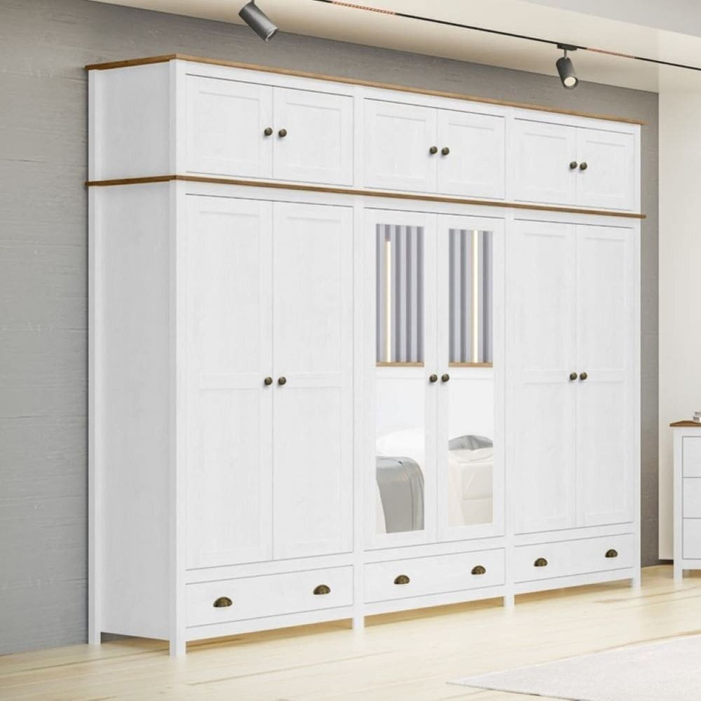 Guarda-roupa Bipartido 12 Portas 3 Gavetas Topázio Branco /Freijó