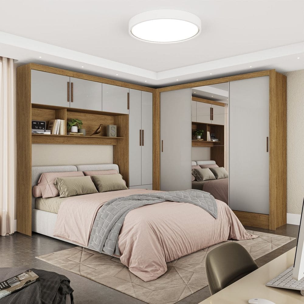 Guarda-roupa Casal Modulado 5 Portas Santiago 3 Portas Plus 5 Gavetas com Espelho Cinamomo/Off White
