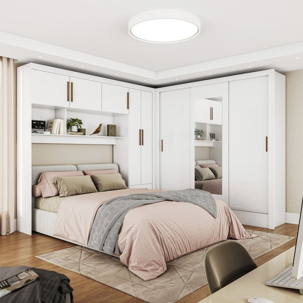 Guarda-roupa Casal Modulado 5 Portas Santiago 3 Portas com Espelho 5 Gavetas Branco