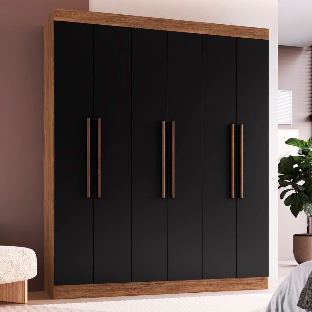 Guarda-roupa Casal Mdf New York 21706 6 Portas 2 Gavetas Castanho/Preto