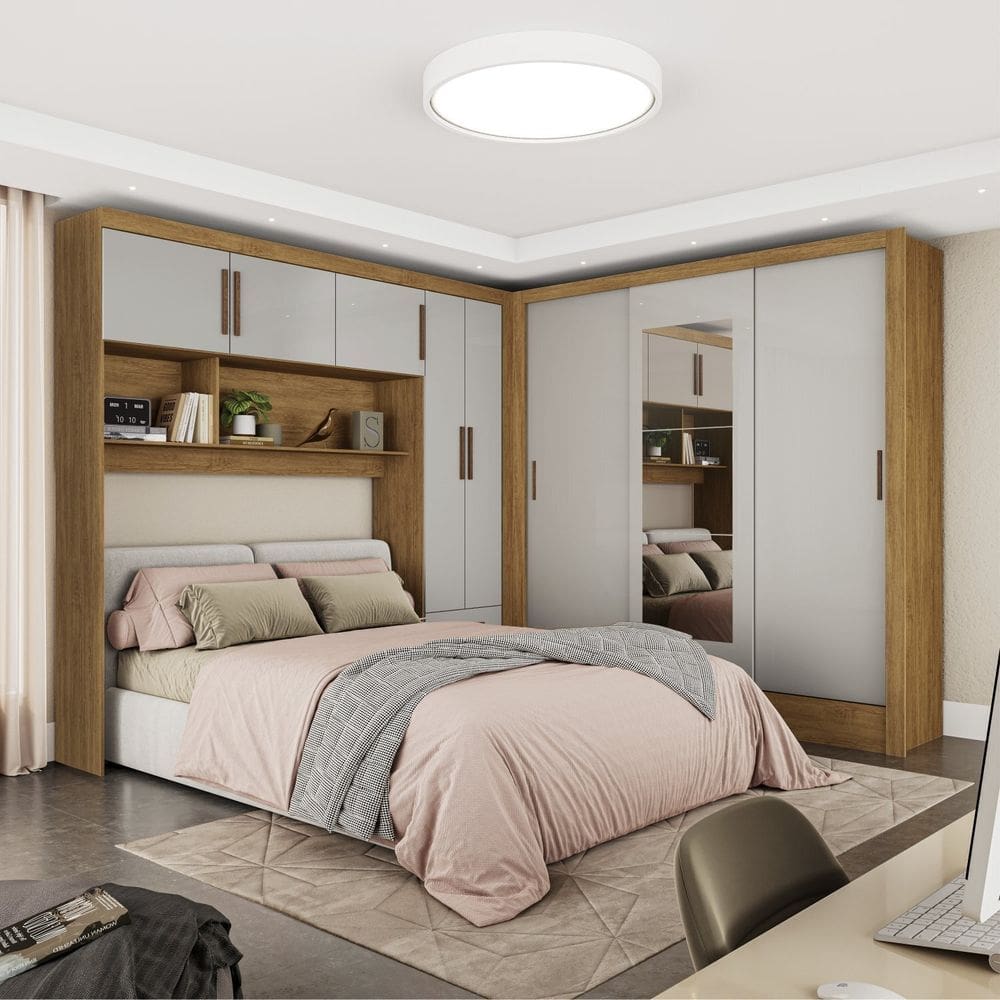 Guarda-roupa Casal Modulado 5 Portas Santiago 3 Portas com Espelho 5 Gavetas Cinamomo/Off White