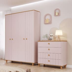 Quarto de Infantil Completo Guarda Roupa 4 Portas e Cômoda 4 Gavetas 100 MDF Lívia Permobili