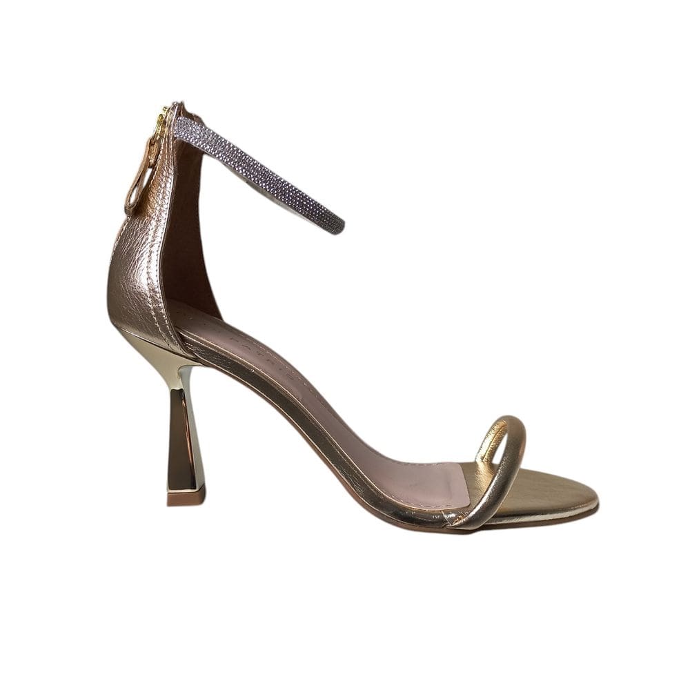 Sandália Social Salto Alto Fino Dourada em Couro Tira Strass