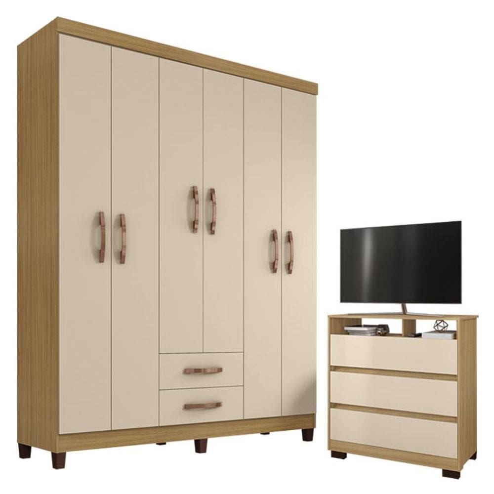 Guarda Roupa Casal Modena 6 Portas e Cômoda Texas Carvalho Americano Off White - Incorplac