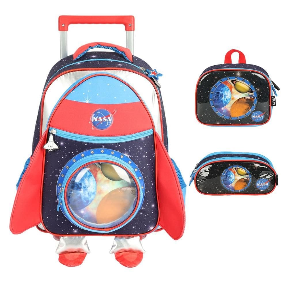 Kit Mochila de Rodinha Sem Alça Lancheira Estojo Luxcel Nasa