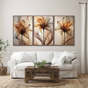 Quadro Decorativo Modelo Floral Abstrato 3 Telas de Parede para Sala Quarto Escritório 60cm X 90cm Marrom