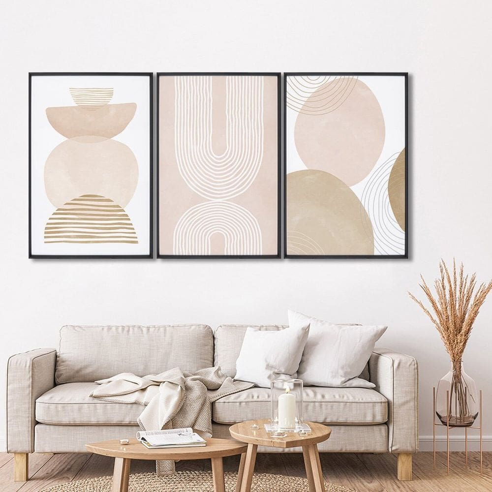 Quadro Decorativo Abstrato Formas Arredondadas com 3 Telas 60cm X 90cm para Sala Quarto Escritório Preto