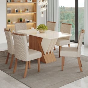 Conjunto Sala de Jantar Mesa Tampo Mdf Canto Arredondado e Vidro 6 Cadeiras Itália Prime Espresso Mó Marrom/Off White