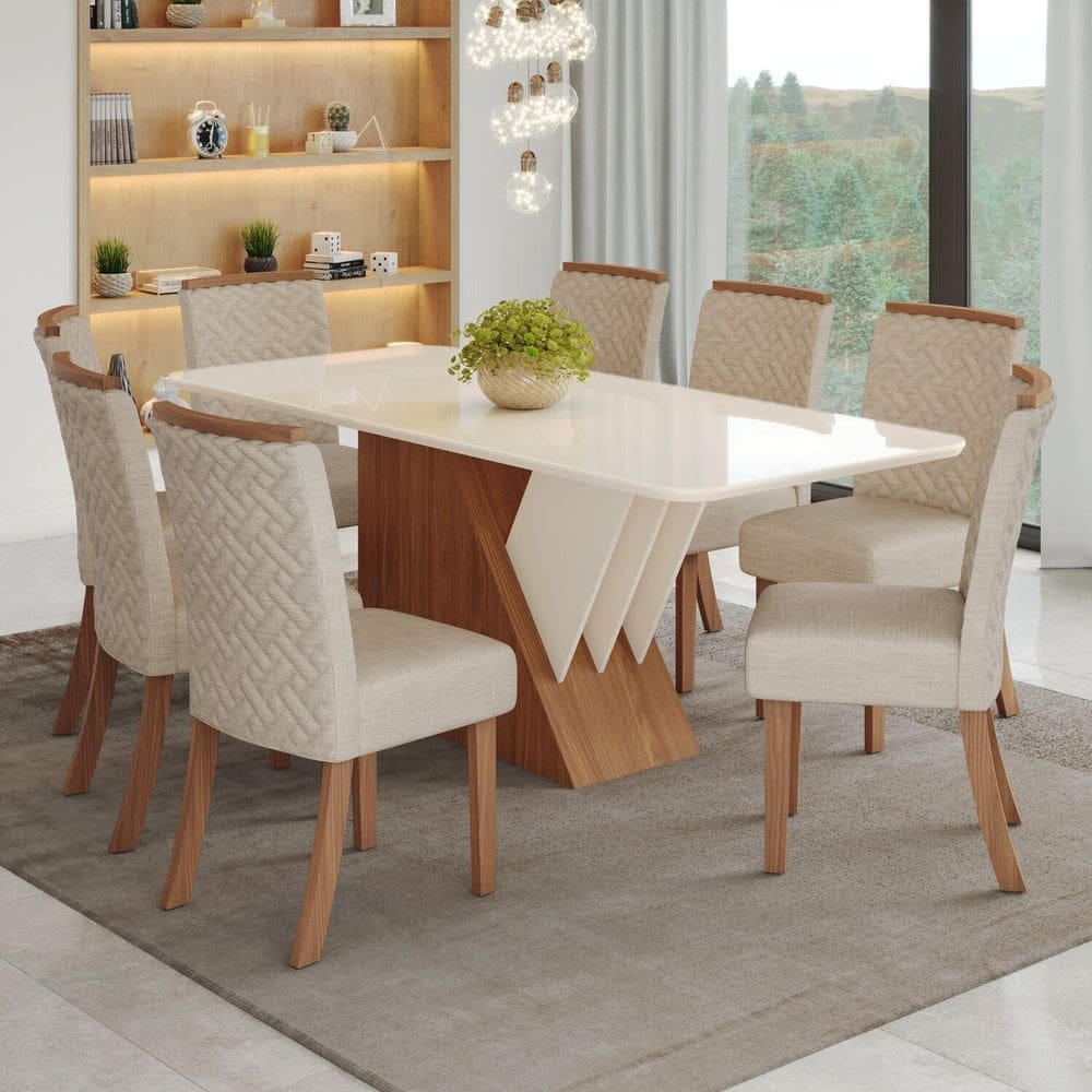 Conjunto Sala de Jantar Mesa Tampo Mdf Canto Arredondado e Vidro 8 Cadeiras Itália Prime Espresso Mó Marrom/Off White