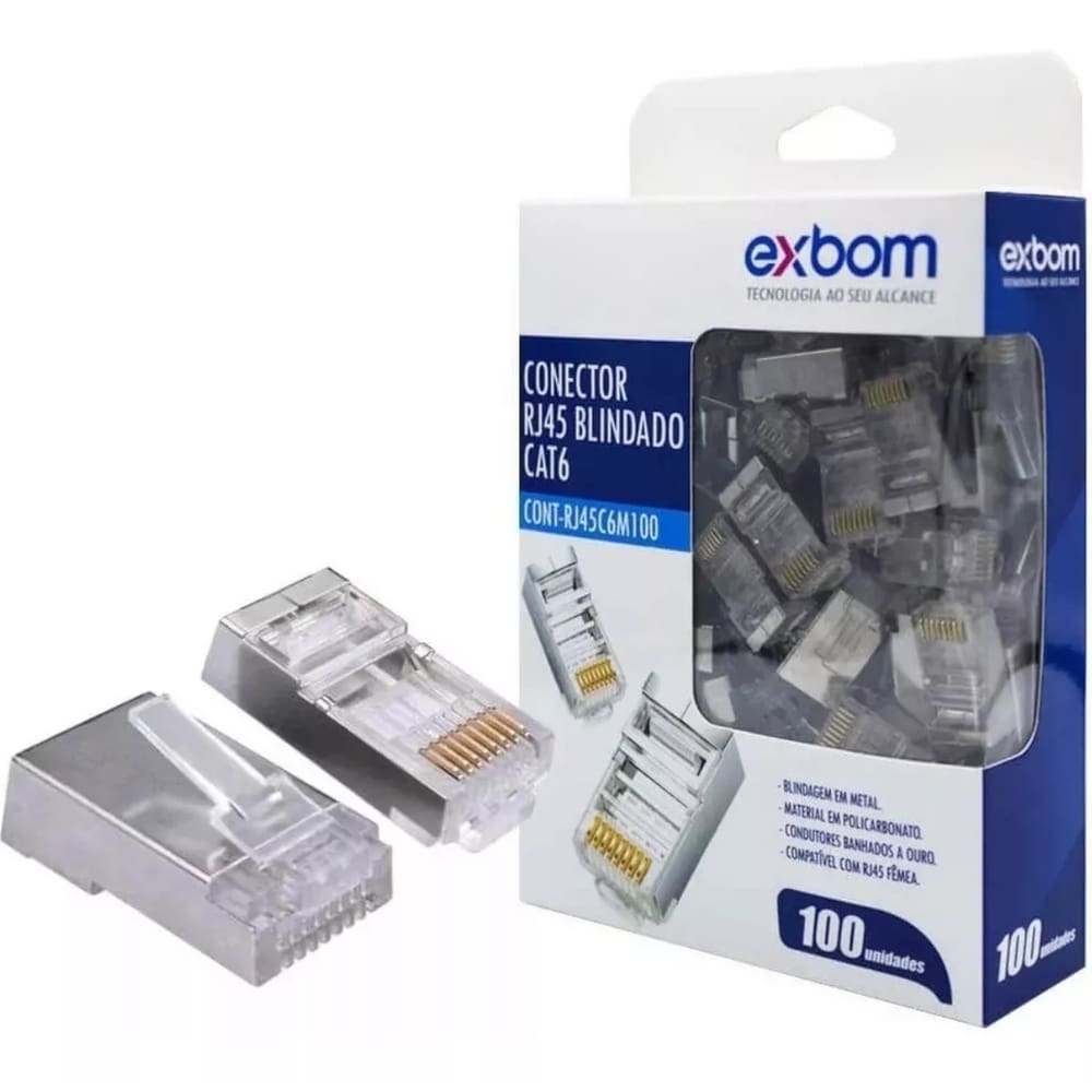 Kit 100 Conector Blindado Rj45 Cristal 8P8C Cat6