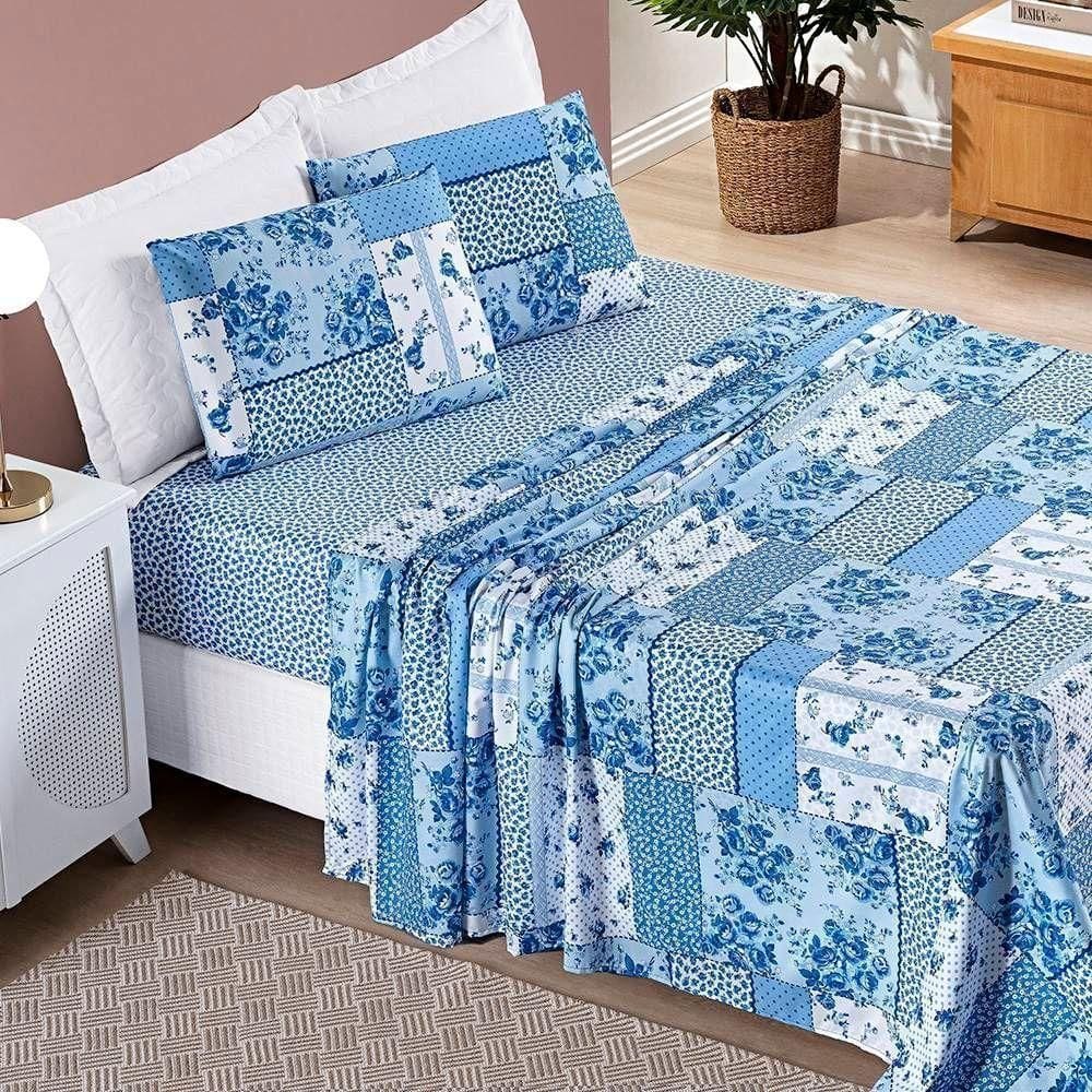 Jogo De Cama Lençol Bouti Estampado Solteiro 03 Peças - Azul Sereno.