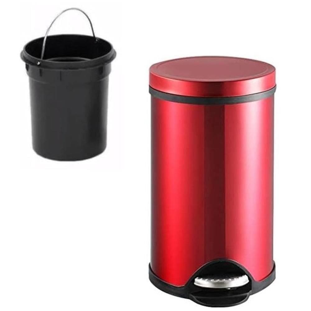 Lixeira Vermelha Inox Cesto Lixo Removivel Com Pedal Aco Inoxidavel Decorativa Redonda Premium