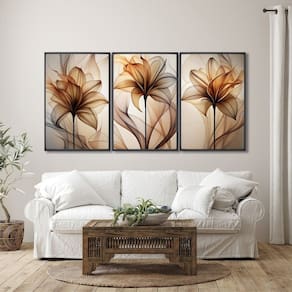 Quadro Decorativo Modelo Floral Abstrato 3 Telas de Parede para Sala Quarto Escritório 60cm X 90cm Preto