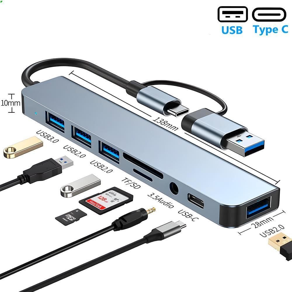 Hub Usb 8 Em 1, Com Leitor De Cartão, Porta Usb-C, Usb