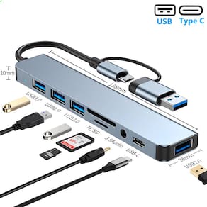 HUB USB 8 em 1, Com Leitor de Cartão, Porta USB-C, USB 3.0 / 2.0, Leitor de Cartão SD/TF, Cinza