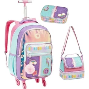 Kit Mochila Rodinhas Estojo Lancheira Juvenil Rainbow Just