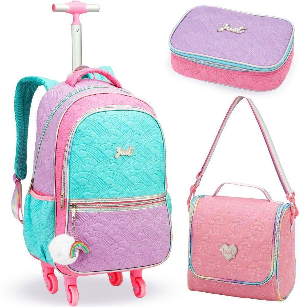 Kit Mochila Rodinhas Lancheira Estojo Box Juvenil Love Just