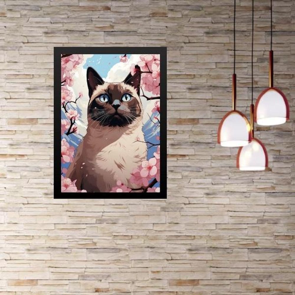 Quadro Gato Siamês Flores Cerejeira 33X24Cm