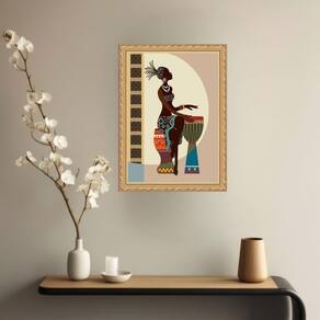 Quadro Decorativo Mulher Negra Tocando Tambor 33X24Cm Vidro