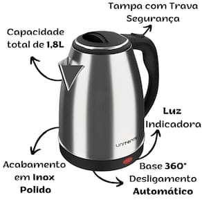 Chaleira Elétrica Inox 1,8L Desliga Automático Base 360º Unitermi