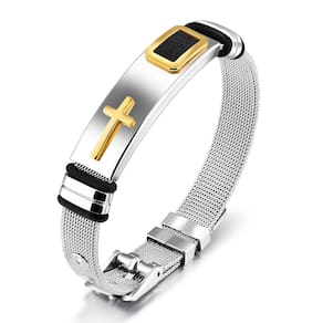 Pulseira Masculina Bracelete Aço Cruz Dourada