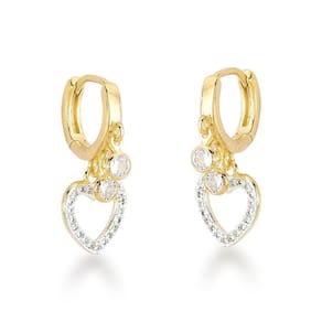 Brinco Argola Com Ponto De Luz E Pingente Coração Banhados A Ouro 18k